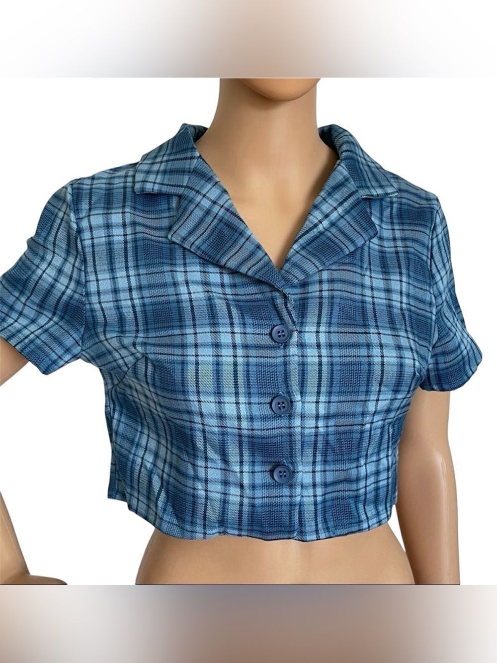 SHEIN Light and Dark Blue Plaid Short Sleeve Button Down Croptop Shirt Small
